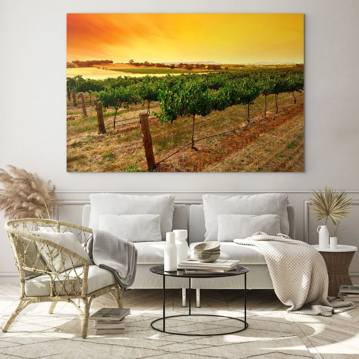 Impression sur verre - Image sur verre - Vignes dans la chaude lumière du soleil couchant - 120x80cm - S'abreuver du soleil - Décoration murale moderne pour le salon et la chambre ARTTOR