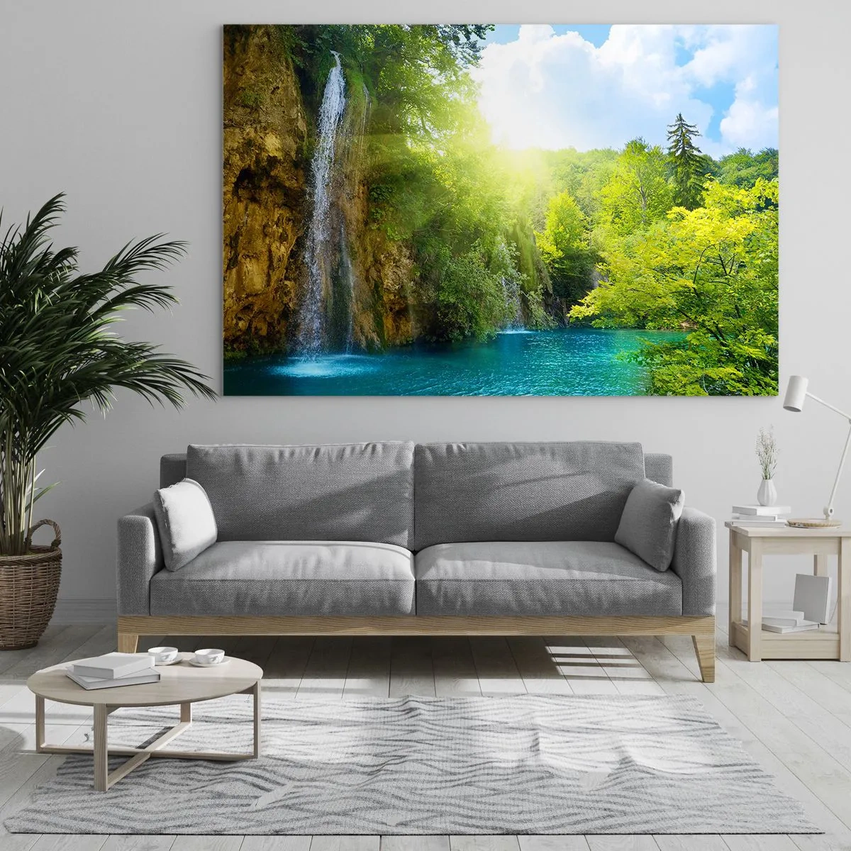 Impression sur verre - Image sur verre - Une cascade se jetant dans un lac bleu entouré de verdure - 70x50cm - Ce doit être le paradis ici - Décoration murale moderne pour le salon et la chambre ARTTOR