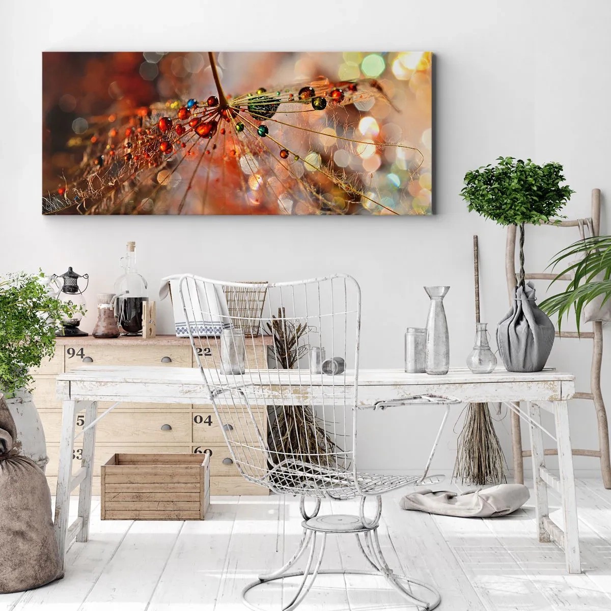 Impression sur toile - Image sur toile - Macrophotographie d'une goutte d'eau sur une plante délicate - 120x50cm - Enfilé sur un fil d'araignée - Décoration murale moderne pour le salon et la chambre ARTTOR