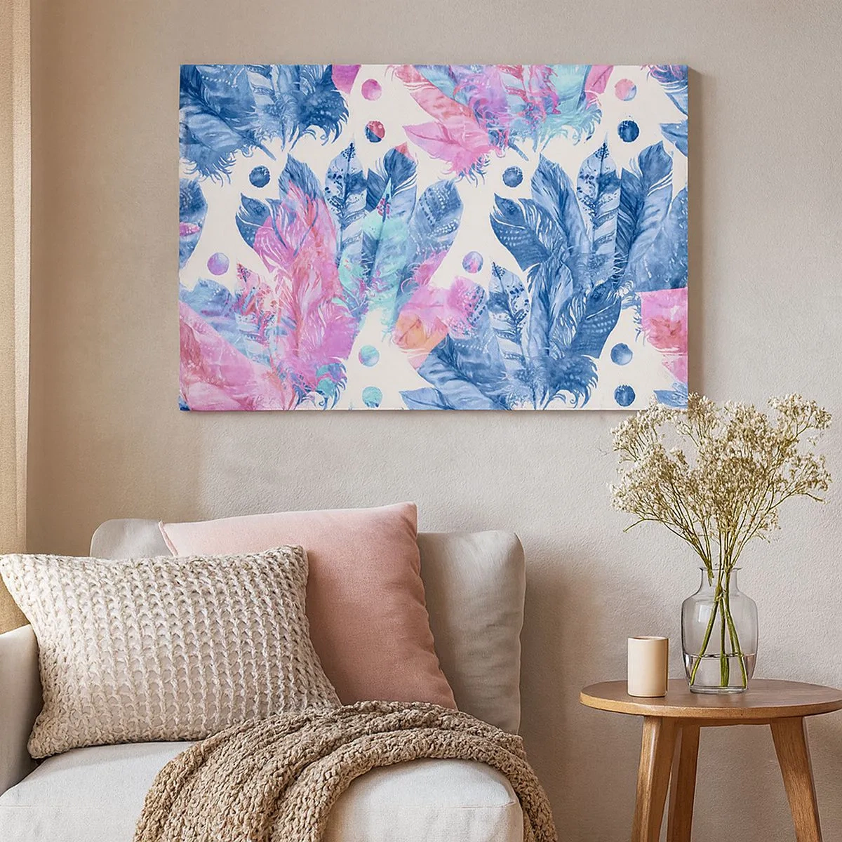 Impression sur toile - Image sur toile - Motif abstrait avec des plumes colorées dans des tons pastel - 70x50cm - Plumes en rose et bleu - Décoration murale moderne pour le salon et la chambre ARTTOR