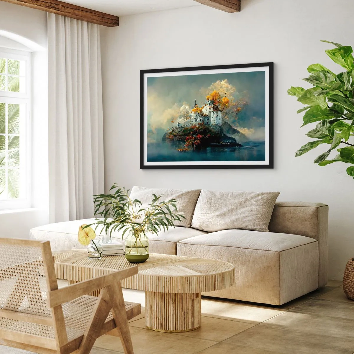 Affiche dans un cadre noir - Poster - Un château sur une colline entouré d'arbres d'automne - 70x50cm - Le début d'une histoire romantique - Décoration murale moderne pour le salon et la chambre ARTTOR