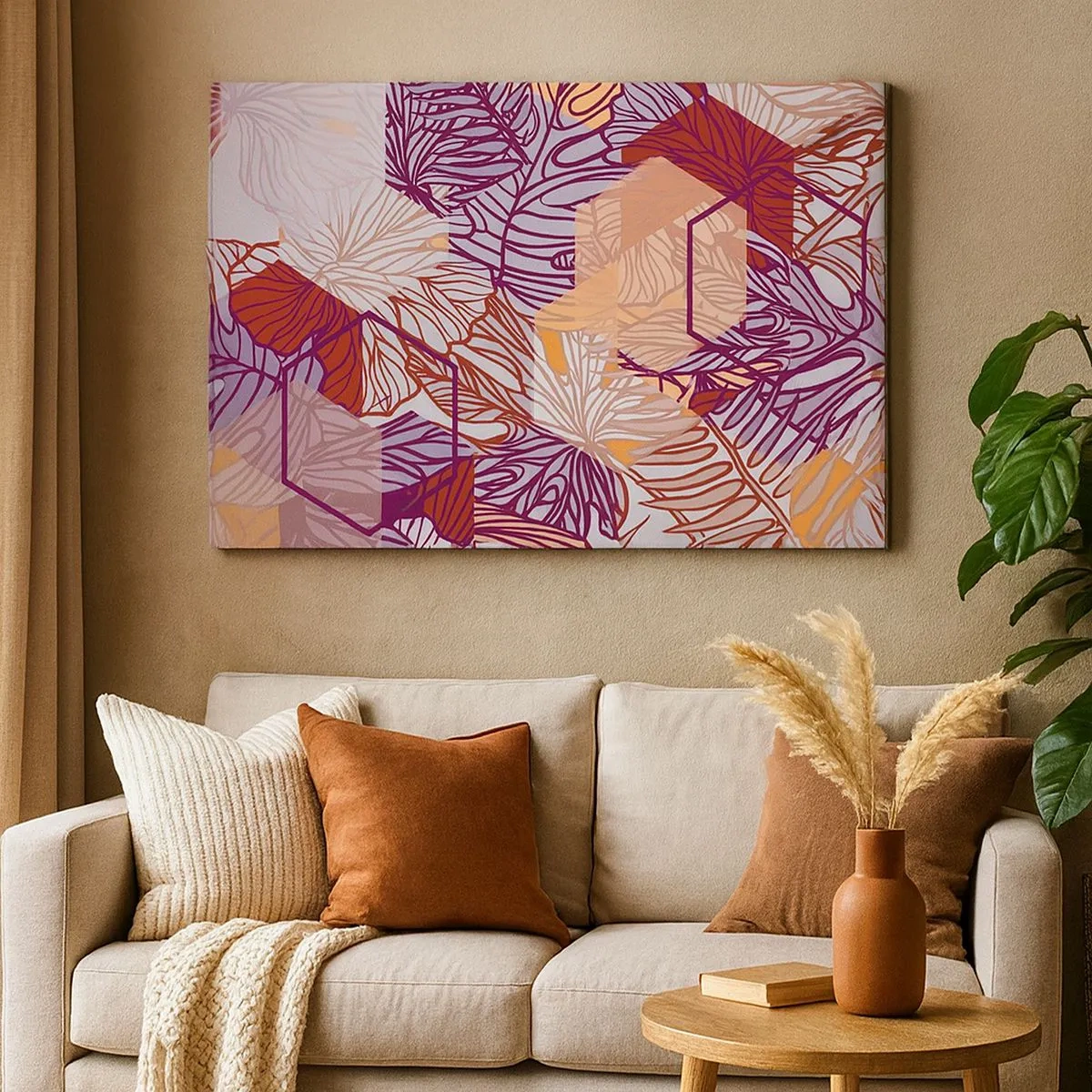 Impression sur toile - Image sur toile - Un motif décoratif de feuilles tropicales dans des tons de violet, d'orange et de beige. - 70x50cm - Relation impossible entre la géométrie et la nature