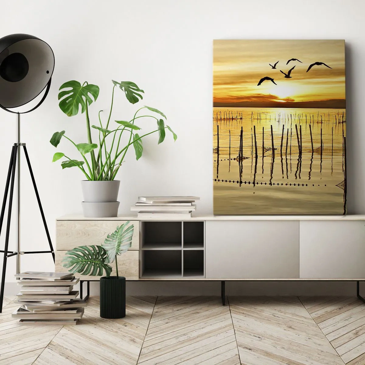 Impression sur toile - Image sur toile - Coucher de soleil sur l'eau avec des oiseaux en vol - 50x70cm - À la pêche - Décoration murale moderne pour le salon et la chambre ARTTOR