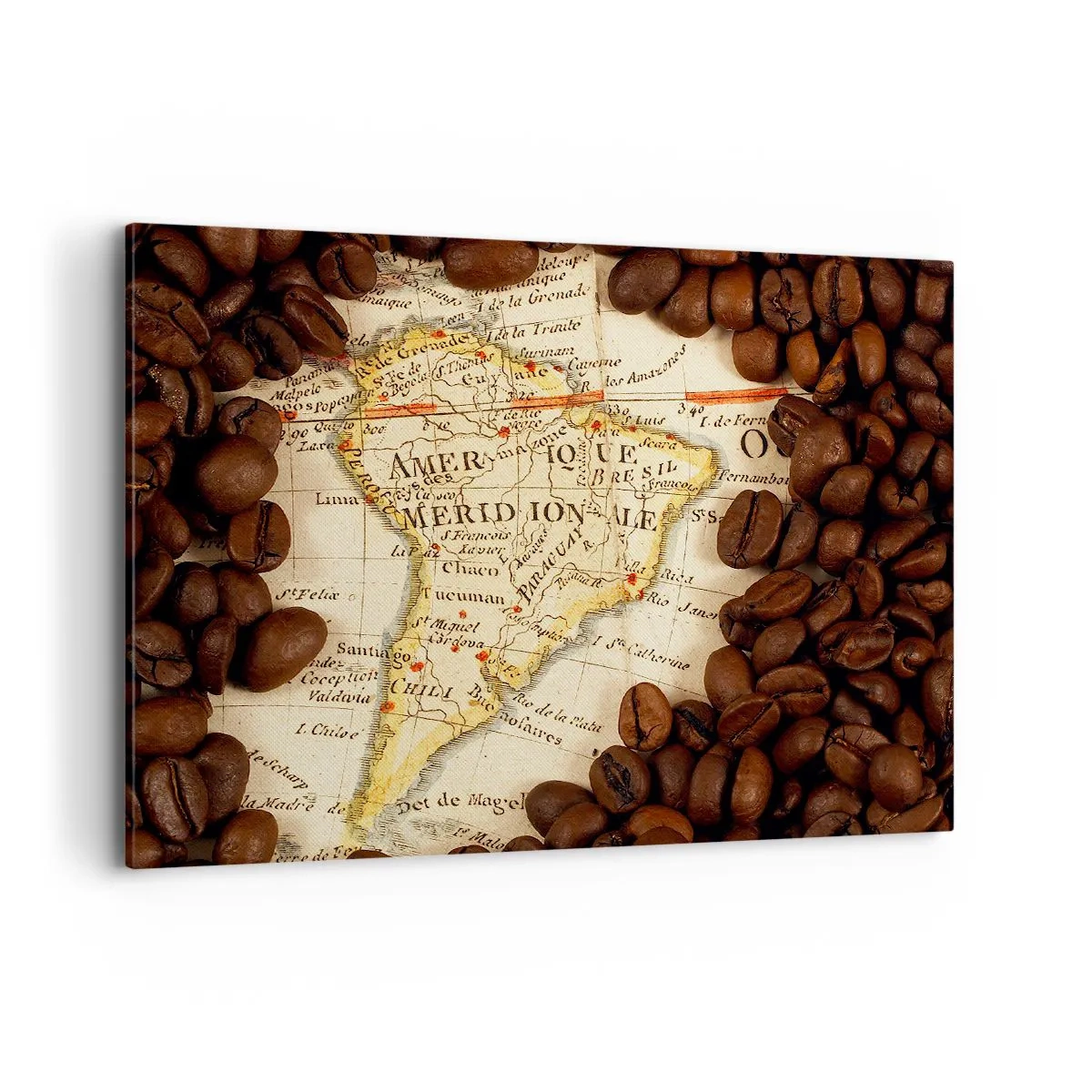 Impression sur toile - Image sur toile - Une carte de l'Amérique du Sud entourée de grains de café. - 100x70cm - D'où vient le meilleur café ? - Décoration murale moderne pour le salon et la chambre ARTTOR