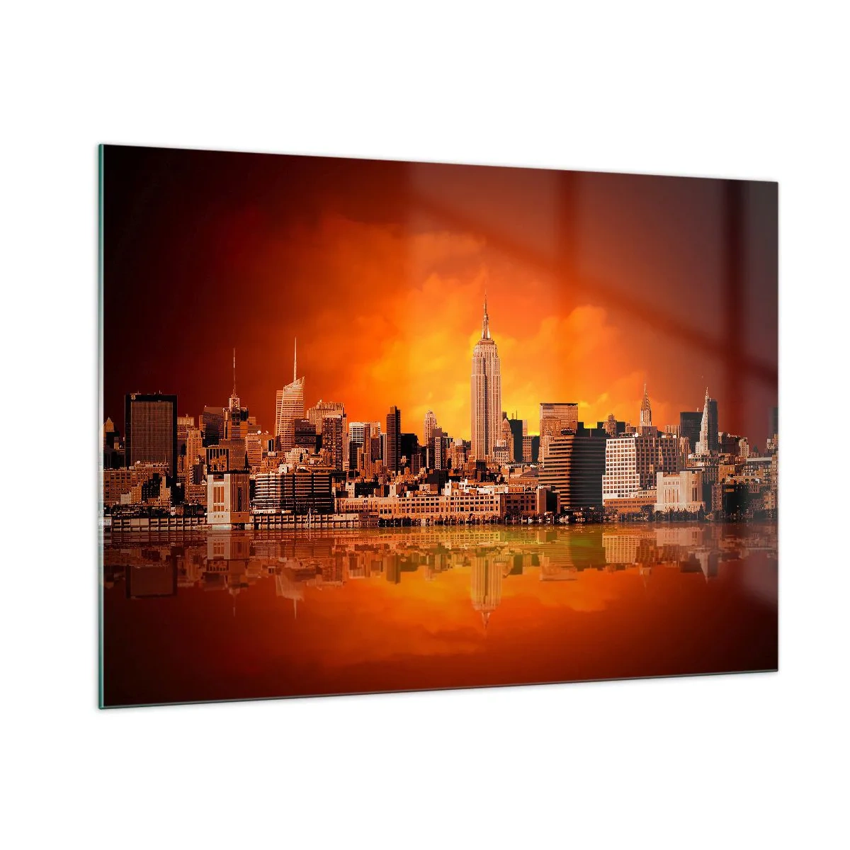 Impression sur verre - Image sur verre - Panorama de la ville au coucher du soleil - 100x70cm - Panorama de grande ville en jaune et bronze - Décoration murale moderne pour le salon et la chambre ARTTOR