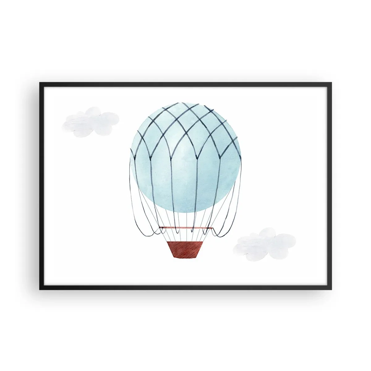 Affiche dans un cadre noir - Poster - Un ballon peint à la main sur fond de nuages délicats. - 100x70cm - Entièrement dans les nuages - Décoration murale moderne pour le salon et la chambre ARTTOR