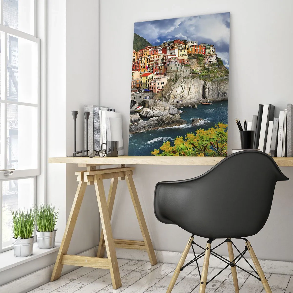 Impression sur verre - Image sur verre - Maisons colorées sur une falaise surplombant la mer aux Cinque Terre - 70x100cm - Un groupe embrassant les rochers - Décoration murale moderne pour le salon et la chambre ARTTOR