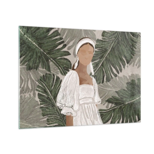 Impression sur verre - Image sur verre - Une femme en robe blanche sur fond de feuilles tropicales vertes. - 70x50cm - Portrait exotique - Décoration murale moderne pour le salon et la chambre ARTTOR