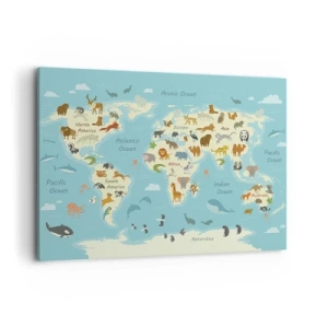 Impression sur toile - Image sur toile - Carte du monde avec des illustrations d'animaux - 100x70cm - De bons voisins - Décoration murale moderne pour le salon et la chambre ARTTOR