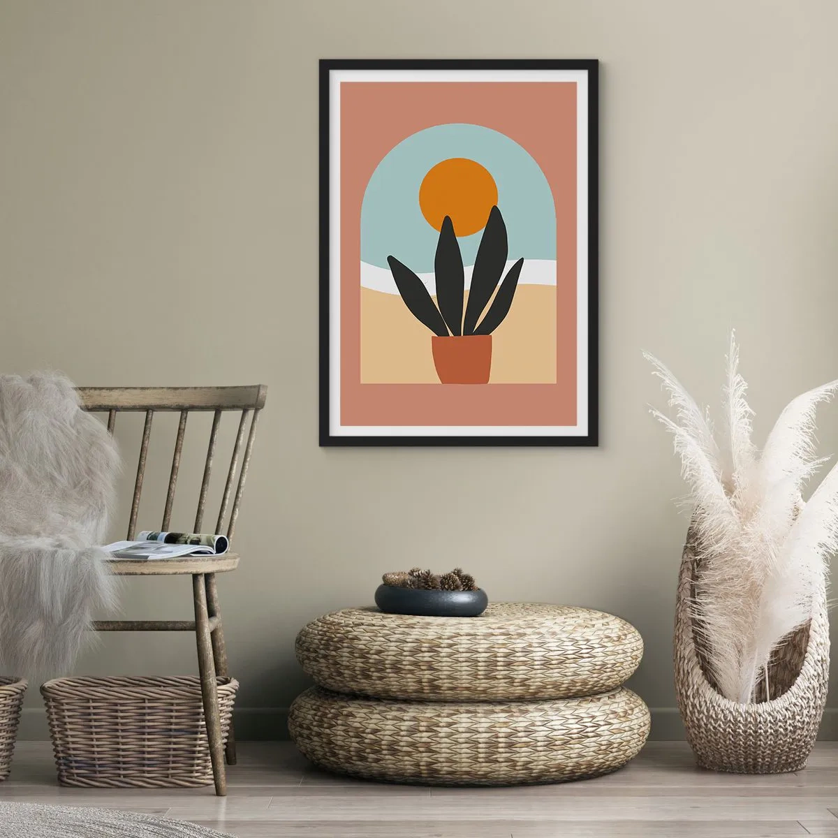 Affiche dans un cadre noir - Poster - Une plante en pot devant une arche avec un coucher de soleil en arrière-plan - 50x70cm - Petits bonheurs - Décoration murale moderne pour le salon et la chambre ARTTOR