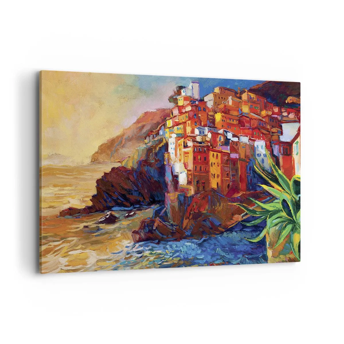Impression sur toile - Image sur toile - Maisons colorées sur une falaise au-dessus de la mer - 120x80cm - Climats italien - Décoration murale moderne pour le salon et la chambre ARTTOR