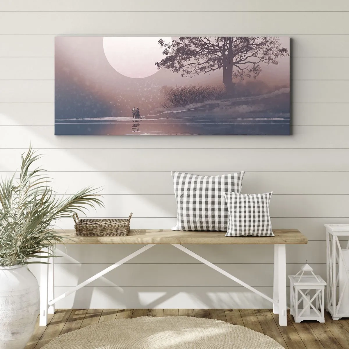 Impression sur toile - Image sur toile - Scène romantique avec la lune et un arbre au bord de l'eau - 120x50cm - Merveilles de la nuit - Décoration murale moderne pour le salon et la chambre ARTTOR