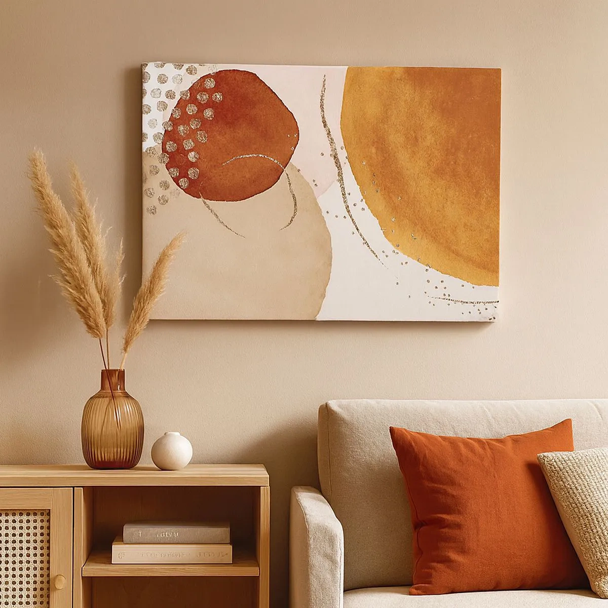 Impression sur toile - Image sur toile - Formes abstraites dans des tons chauds de marron et d'or - 70x50cm - Rondeur et mouvement - Décoration murale moderne pour le salon et la chambre ARTTOR