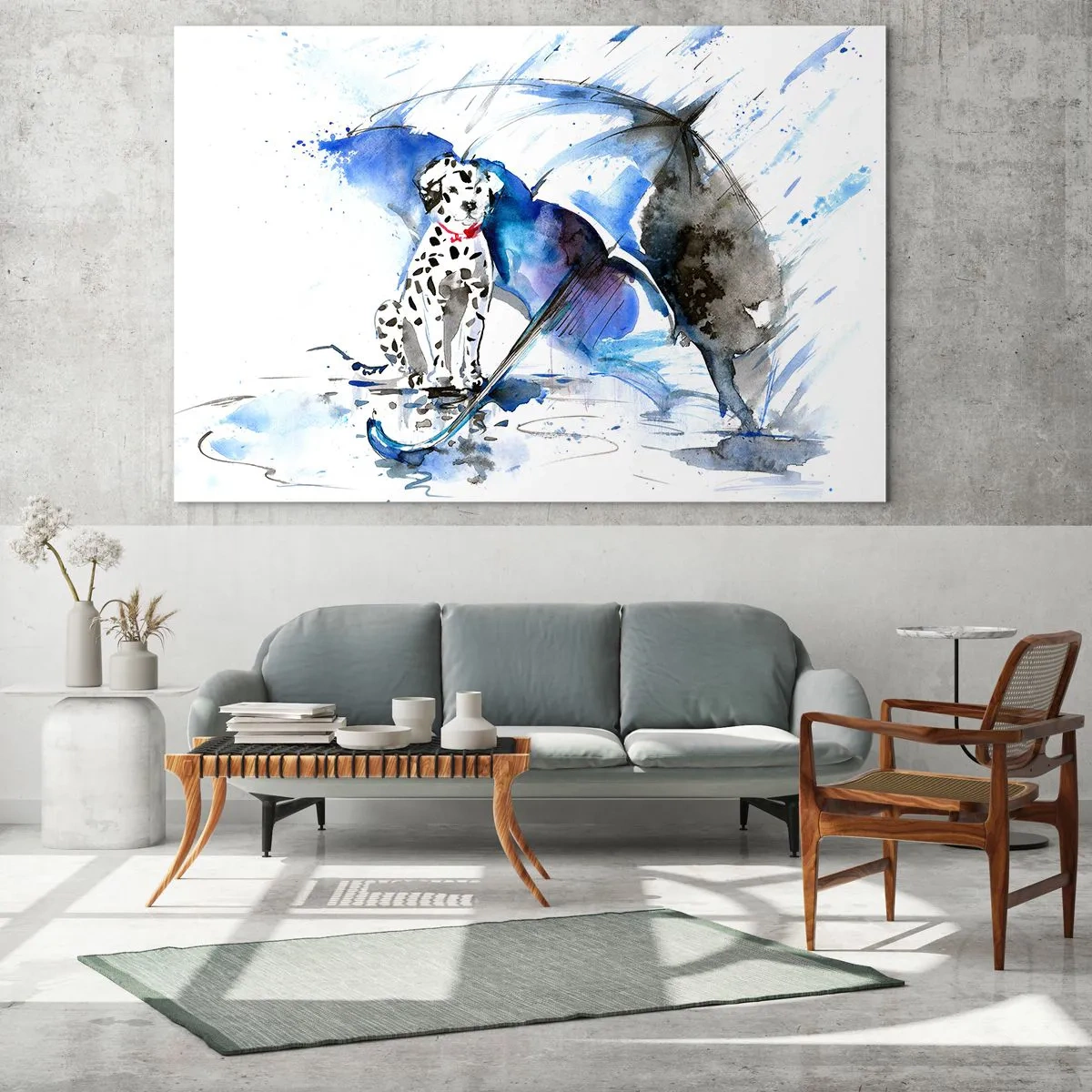 Impression sur verre - Image sur verre - Dalmatien avec un parapluie dans un décor pluvieux - 100x70cm - C'est à ça que sert un ami - Décoration murale moderne pour le salon et la chambre ARTTOR