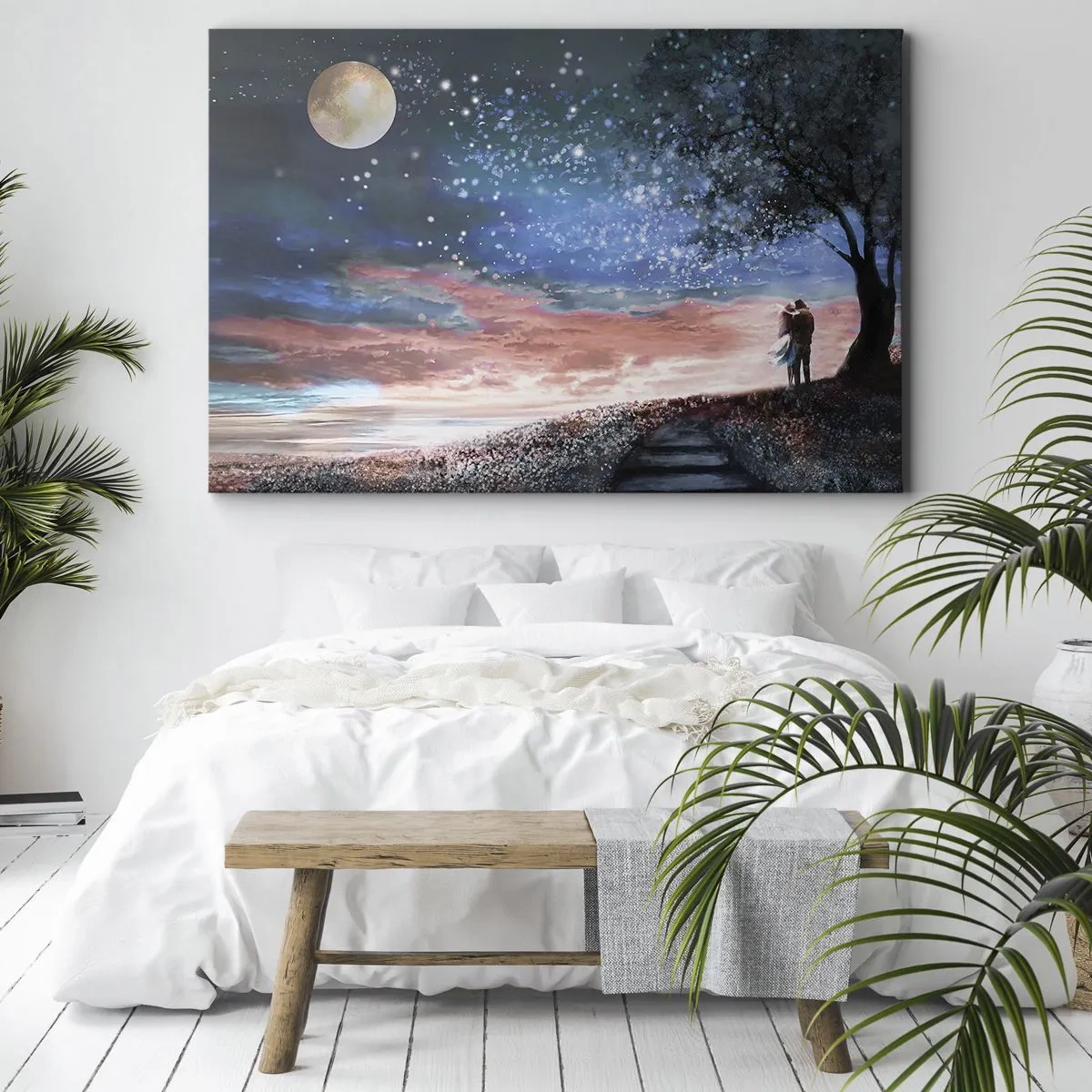 Impression sur toile - Image sur toile - Scène de couple romantique sous la pleine lune - 70x50cm - Spectacle étoilé - Décoration murale moderne pour le salon et la chambre ARTTOR