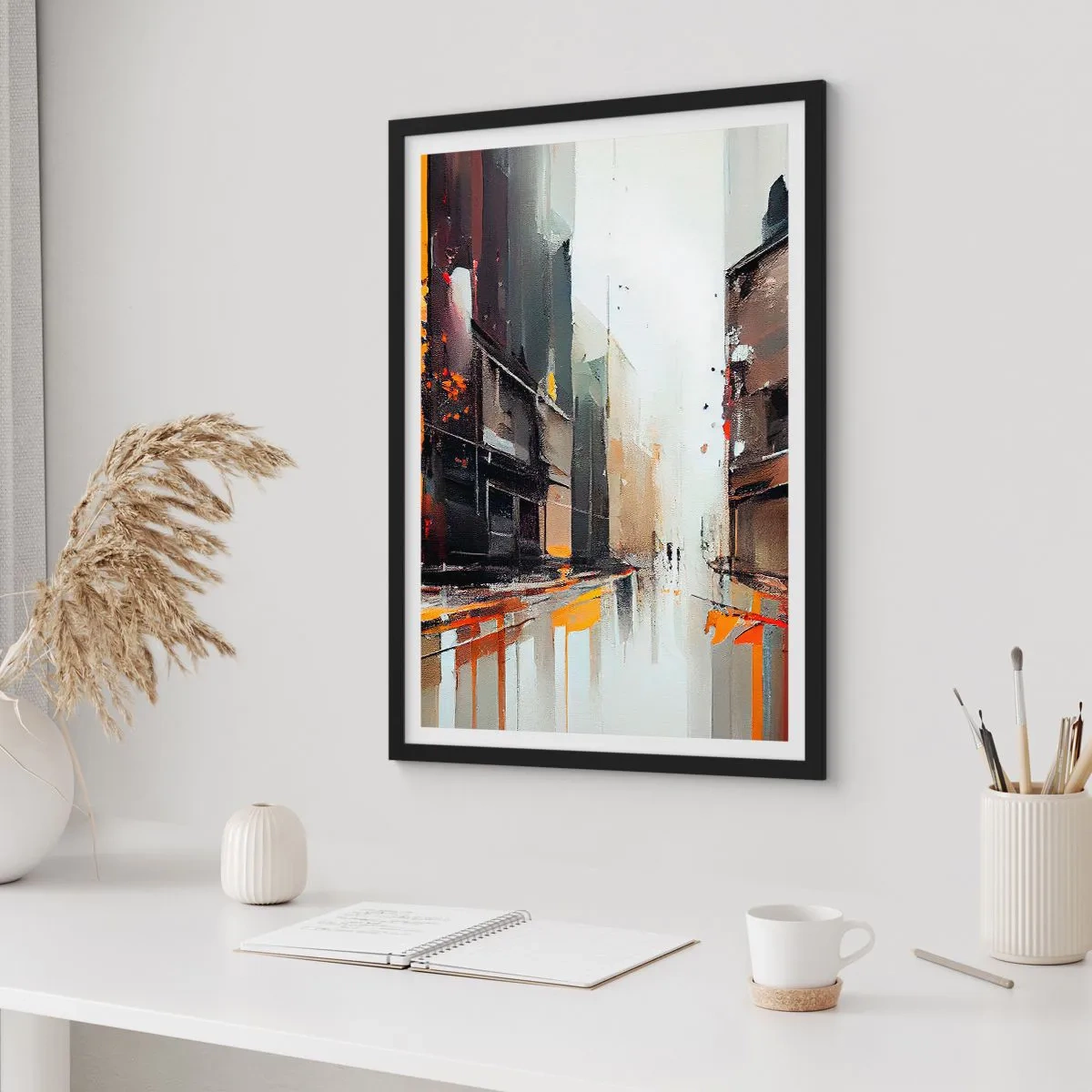 Affiche dans un cadre noir - Poster - Panorama urbain abstrait dans les tons de gris et d'orange - 50x70cm - Jour de pluie - Décoration murale moderne pour le salon et la chambre ARTTOR