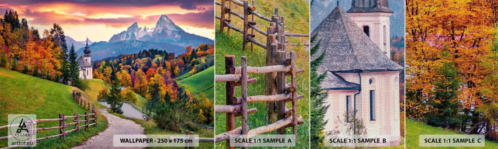 Échantillon de Papier Peint Premium Canvas - Paysage comme peind - Paysage de montagne, Chemin, Église - 100x30 cm