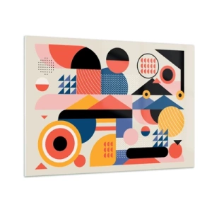 Impression sur verre - Image sur verre - Abstraction géométrique colorée avec des cercles et des triangles - 100x70cm - Composition : jouer - Décoration murale moderne pour le salon et la chambre ARTTOR