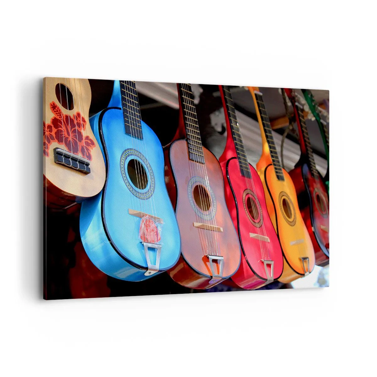Impression sur toile - Image sur toile - Des guitares acoustiques colorées sont accrochées en rangée dans une exposition - 120x80cm - Ambiance latine - Décoration murale moderne pour le salon et la chambre ARTTOR