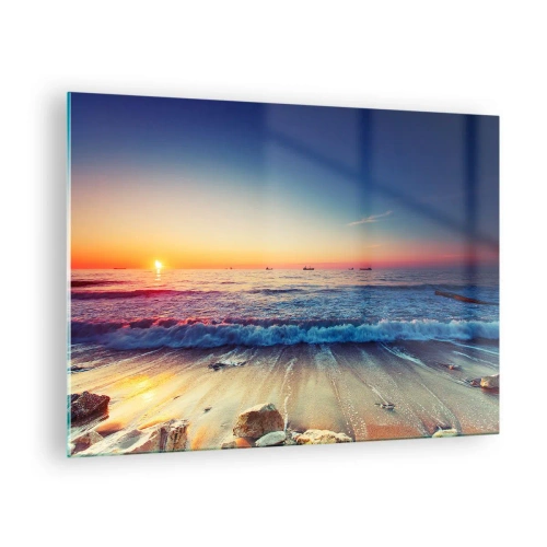 Impression sur verre - Image sur verre - Coucher de soleil sur la plage avec des vagues douces et une mer calme - 70x50cm - Mais quel horizon ? - Décoration murale moderne pour le salon et la chambre ARTTOR