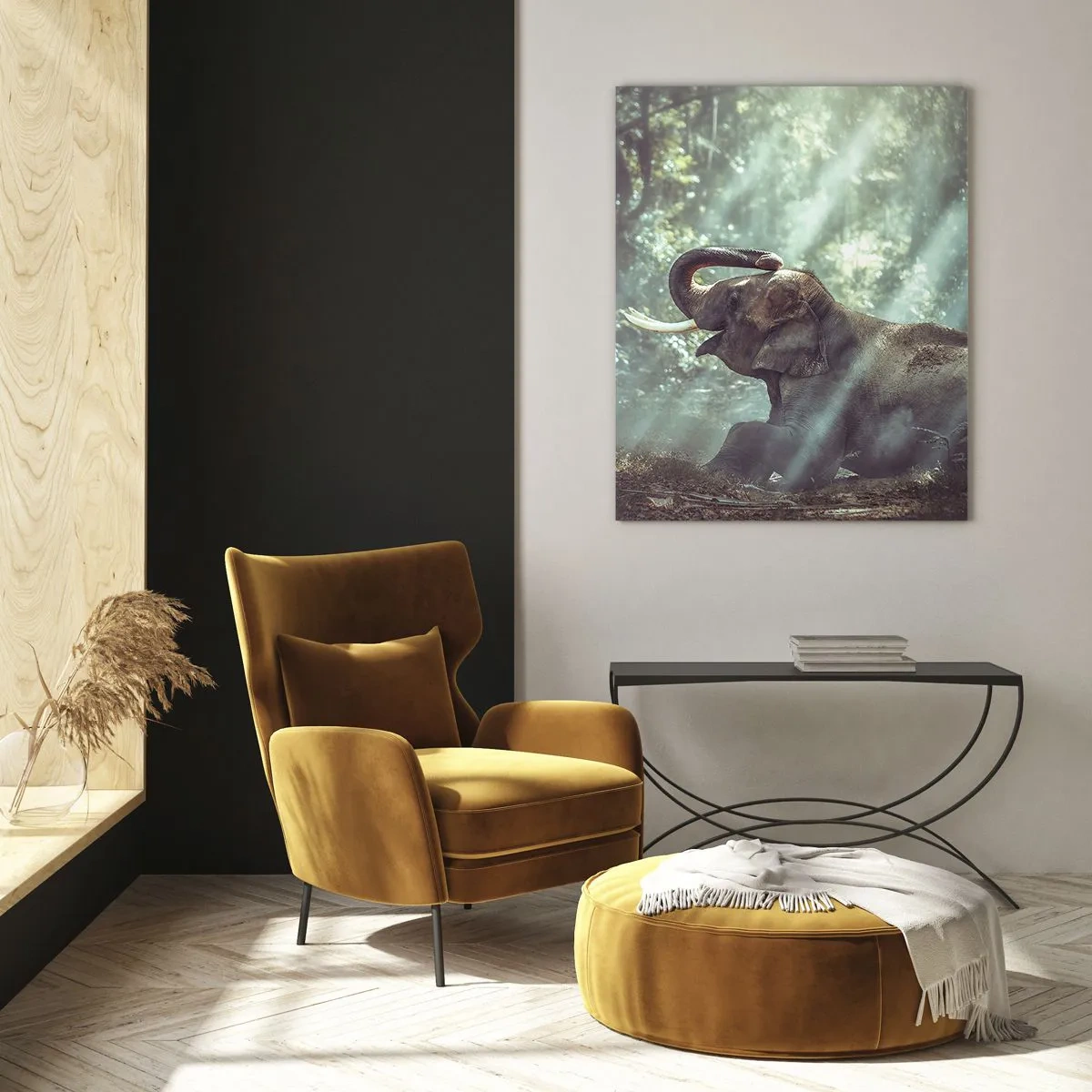 Impression sur verre - Image sur verre - Un garçon et un éléphant dans un décor forestier éclairé par la lumière du soleil - 80x120cm - Et écoute ça… - Décoration murale moderne pour le salon et la chambre ARTTOR