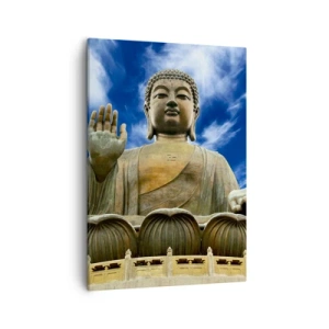 Impression sur toile - Image sur toile - Une statue monumentale de Bouddha contre un ciel bleu avec des nuages - 50x70cm - Vivre sans peur - Décoration murale moderne pour le salon et la chambre ARTTOR