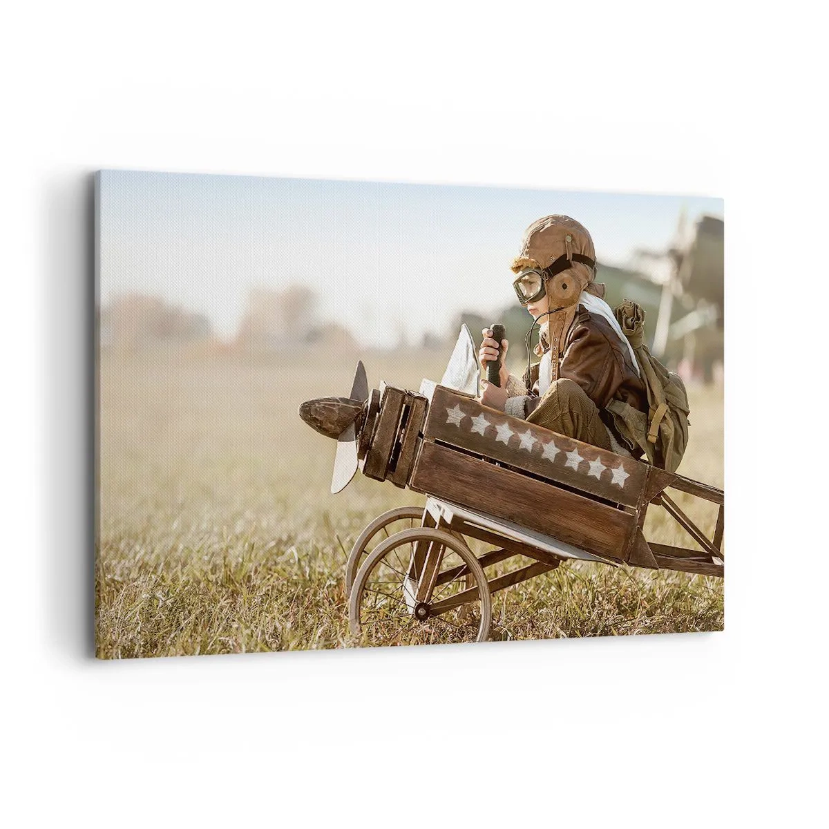Impression sur toile - Image sur toile - Un enfant dans un avion jouet avec un champ en arrière-plan - 120x80cm - Départ vers un rêve - Décoration murale moderne pour le salon et la chambre ARTTOR