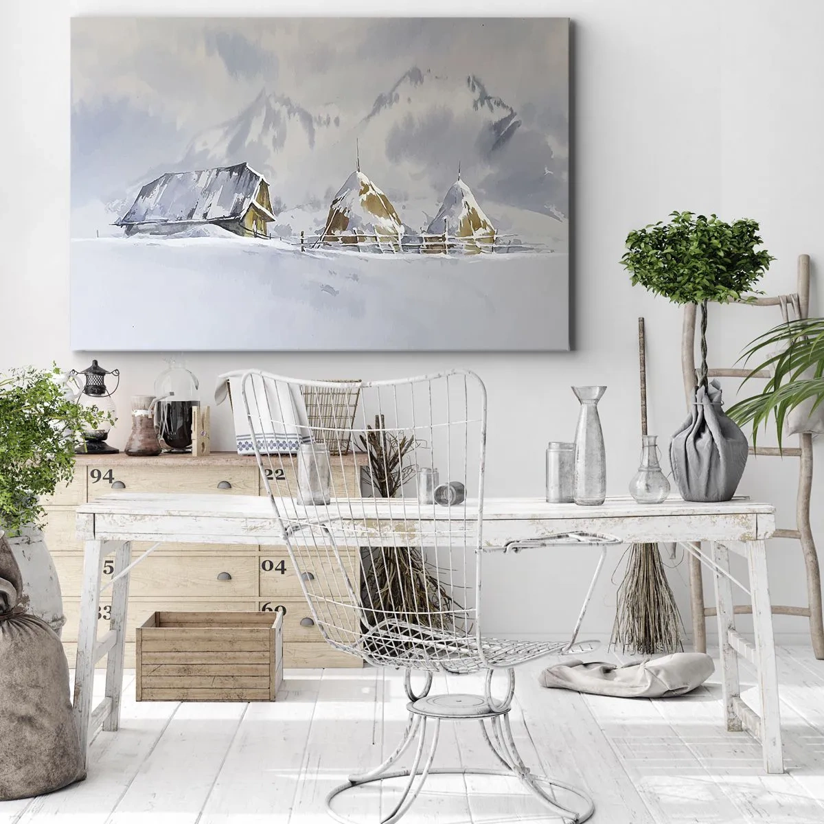 Impression sur toile - Image sur toile - Paysage d'hiver avec un chalet et des meules de foin dans les montagnes - 70x50cm - Dans une vallée enneigée - Décoration murale moderne pour le salon et la chambre ARTTOR
