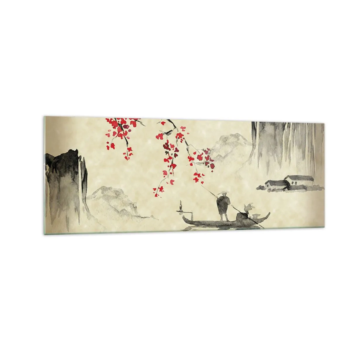 Impression sur verre - Image sur verre - Illustration orientale avec un bateau et une branche fleurie - 140x50cm - Au pays des cerisiers en fleurs - Décoration murale moderne pour le salon et la chambre ARTTOR