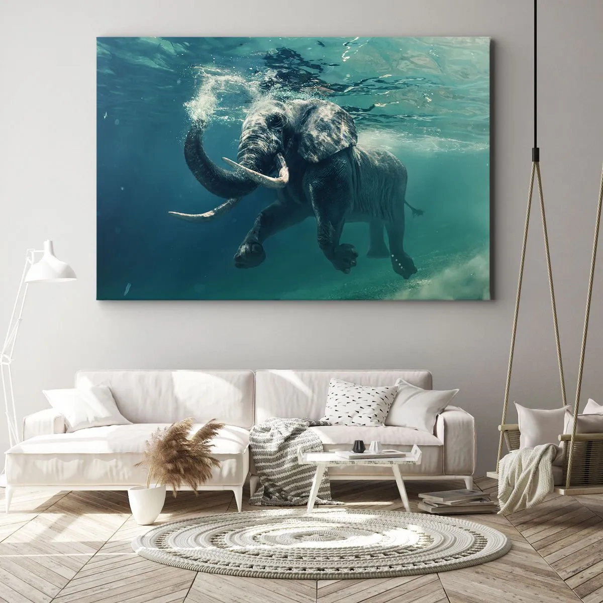 Impression sur toile - Image sur toile - Un éléphant nageant sous l'eau dans les profondeurs turquoise - 70x50cm - Tout le monde aime nager - Décoration murale moderne pour le salon et la chambre ARTTOR