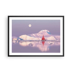Affiche dans un cadre noir - Poster - Une voile rouge sur fond de montagnes glacées et de pleine lune. - 70x50cm - La chaleur de la voile, le froid de la glace - Décoration murale moderne pour le salon et la chambre ARTTOR