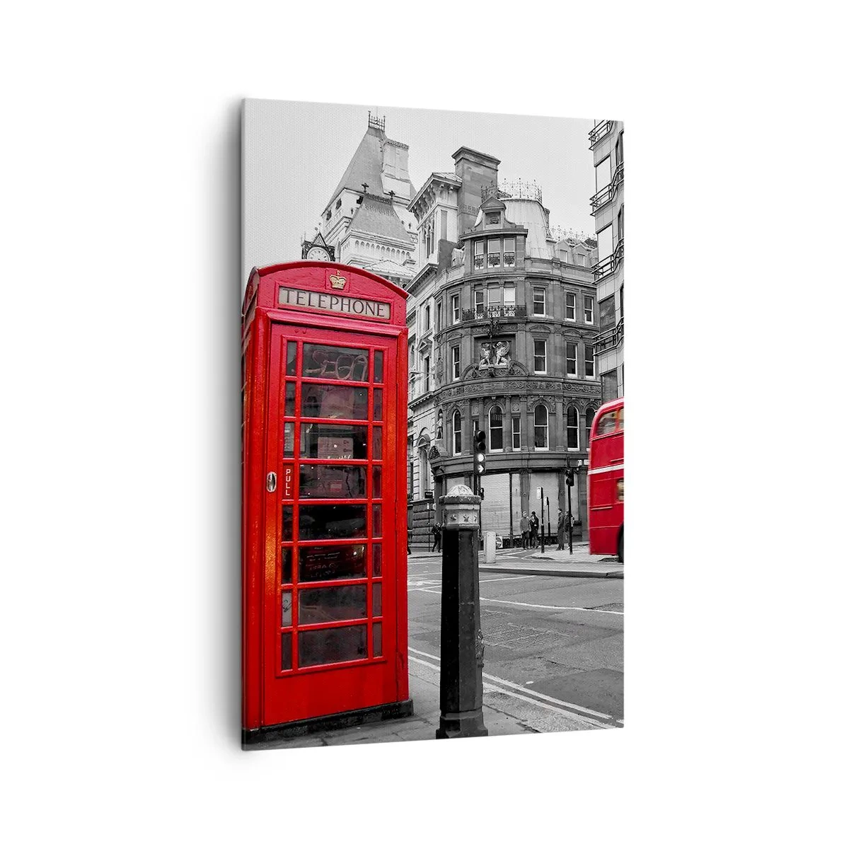 Impression sur toile - Image sur toile - Une cabine téléphonique rouge et un bus à impériale à Londres avec la ville en arrière-plan - 80x120cm - Le plus rouge d'Europe - Décoration murale moderne pour le salon et la chambre ARTTOR