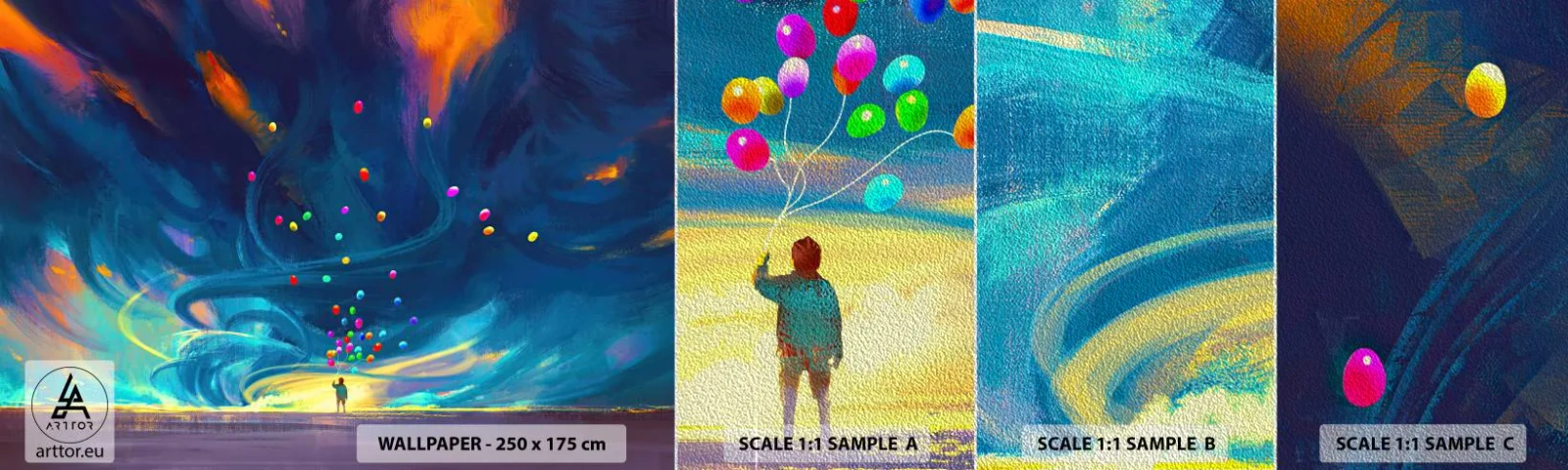 Échantillon de Papier Peint Premium Sand - Au vent bleu ciel - Pour les enfants, Ballons colorés, Abstraction - 100x30 cm