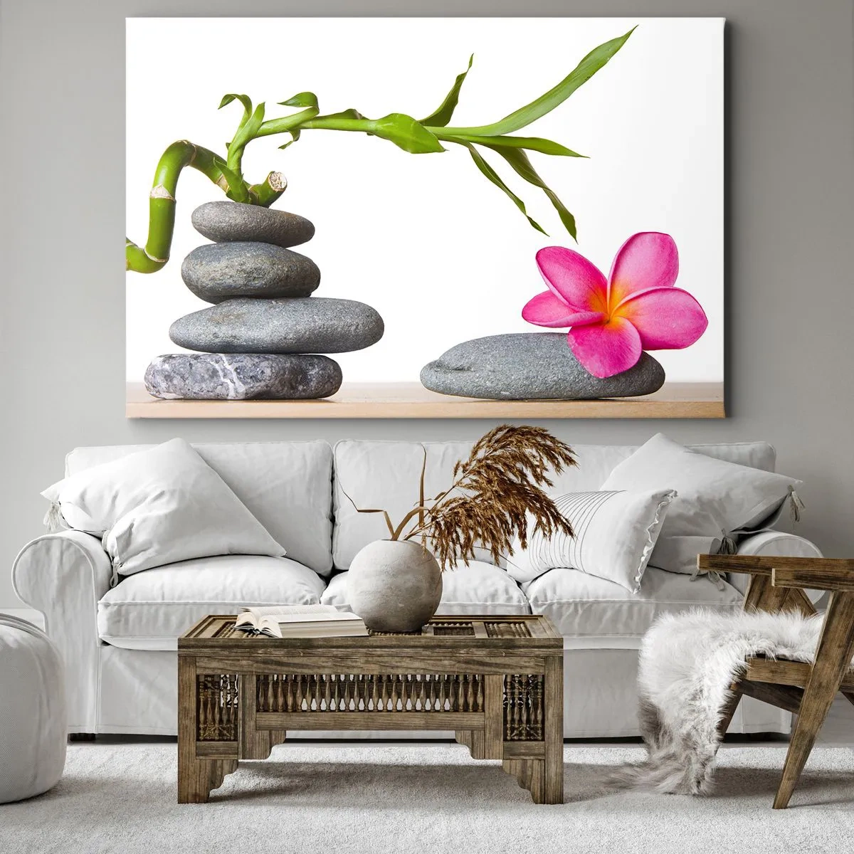 Impression sur toile - Image sur toile - Bambou et fleur rose sur pierres de style zen - 100x70cm - Couleurs de la vie et de la durée - Décoration murale moderne pour le salon et la chambre ARTTOR