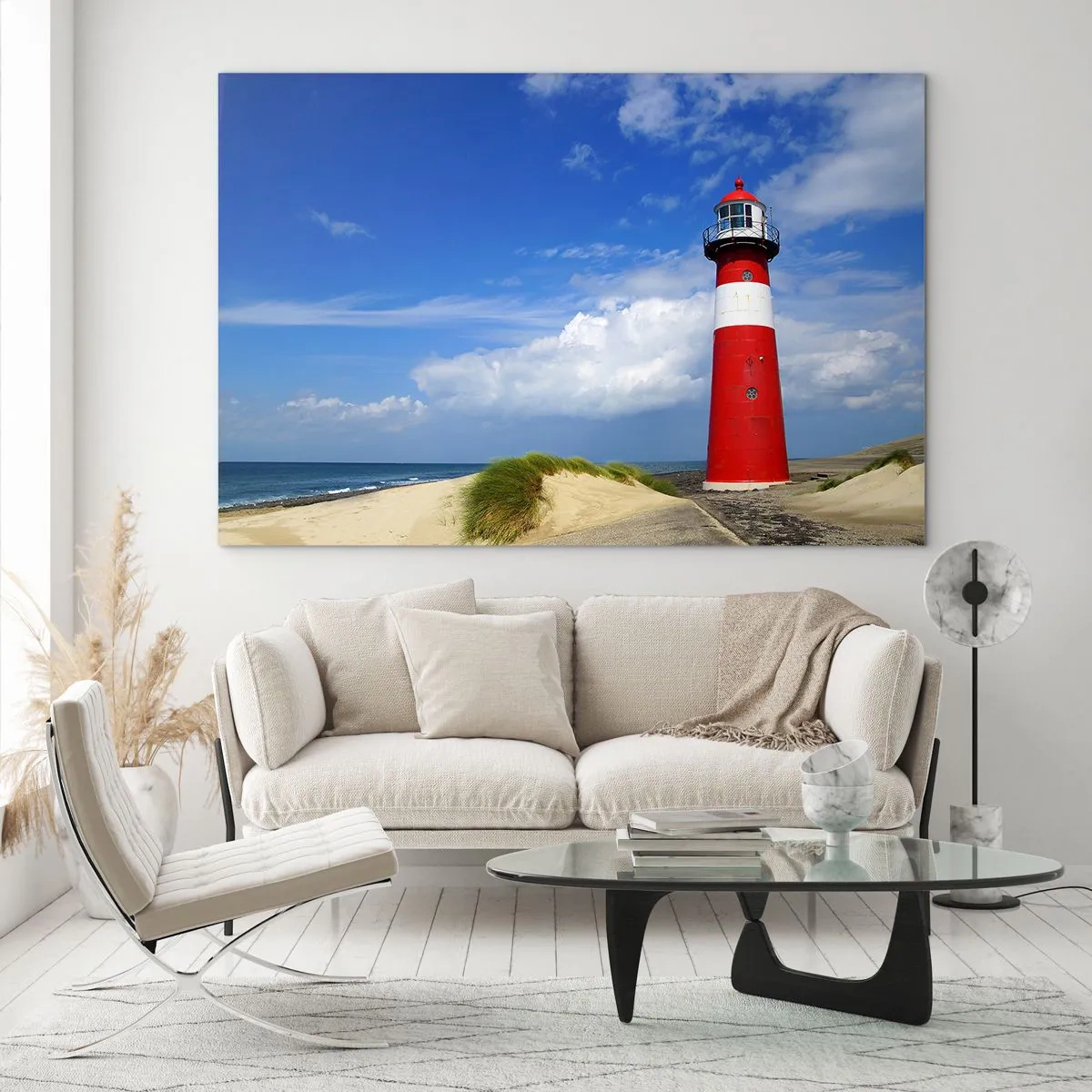 Impression sur verre - Image sur verre - Un phare rouge contre un ciel bleu - 120x80cm - Rêve de solitude - Décoration murale moderne pour le salon et la chambre ARTTOR