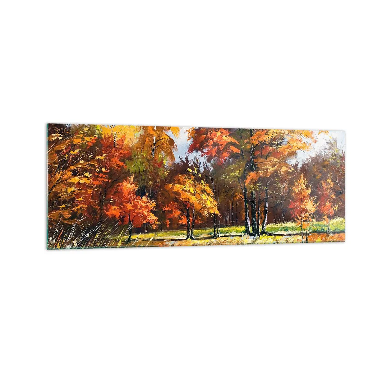 Impression sur verre - Image sur verre - Paysage d'automne avec des arbres colorés et un étang - 140x50cm - Paysage en or et bronze - Décoration murale moderne pour le salon et la chambre ARTTOR