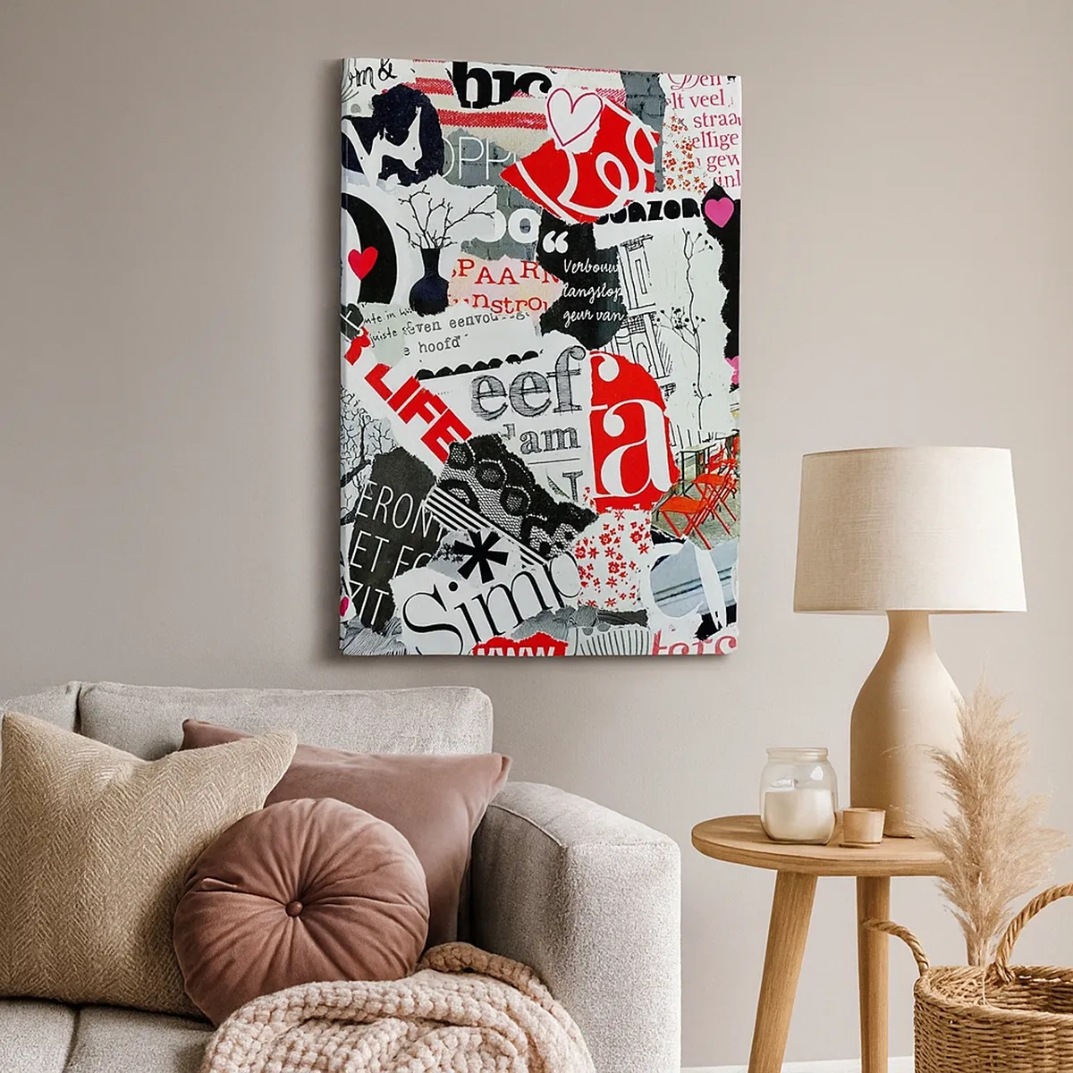 Impression sur toile - Image sur toile - Un collage coloré avec des inscriptions, des cœurs et des graphiques. - 50x70cm - Collage hipster - Décoration murale moderne pour le salon et la chambre ARTTOR