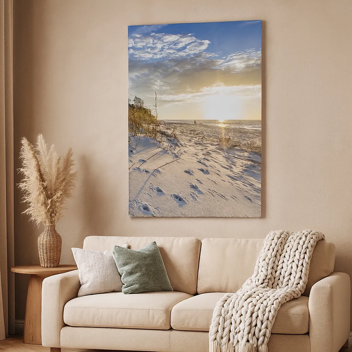 Impression sur toile - Image sur toile - Dunes avec de l'herbe et des empreintes de pas dans le sable au coucher du soleil - 50x70cm - Invitation à la ballade - Décoration murale moderne pour le salon et la chambre ARTTOR