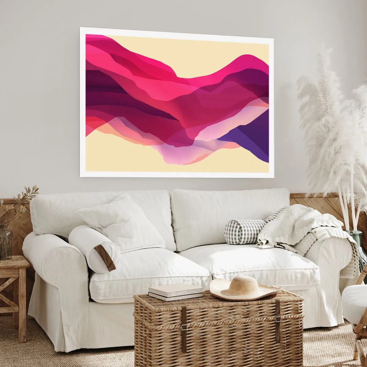 Affiche - Poster - Vagues abstraites dans des tons violets et roses sur un fond clair - 100x70cm - Vagues pourpre - Décoration murale moderne pour le salon et la chambre ARTTOR