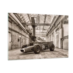 Impression sur verre - Image sur verre - Une voiture de course vintage dans un hall industriel - 120x80cm - Le repos du guerrier - Décoration murale moderne pour le salon et la chambre ARTTOR