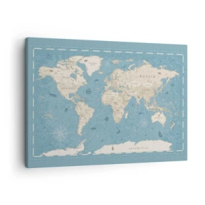 Impression sur toile - Image sur toile - Carte du monde décorative dans les tons bleu et beige - 70x50cm - Le monde à porter de main - Décoration murale moderne pour le salon et la chambre ARTTOR