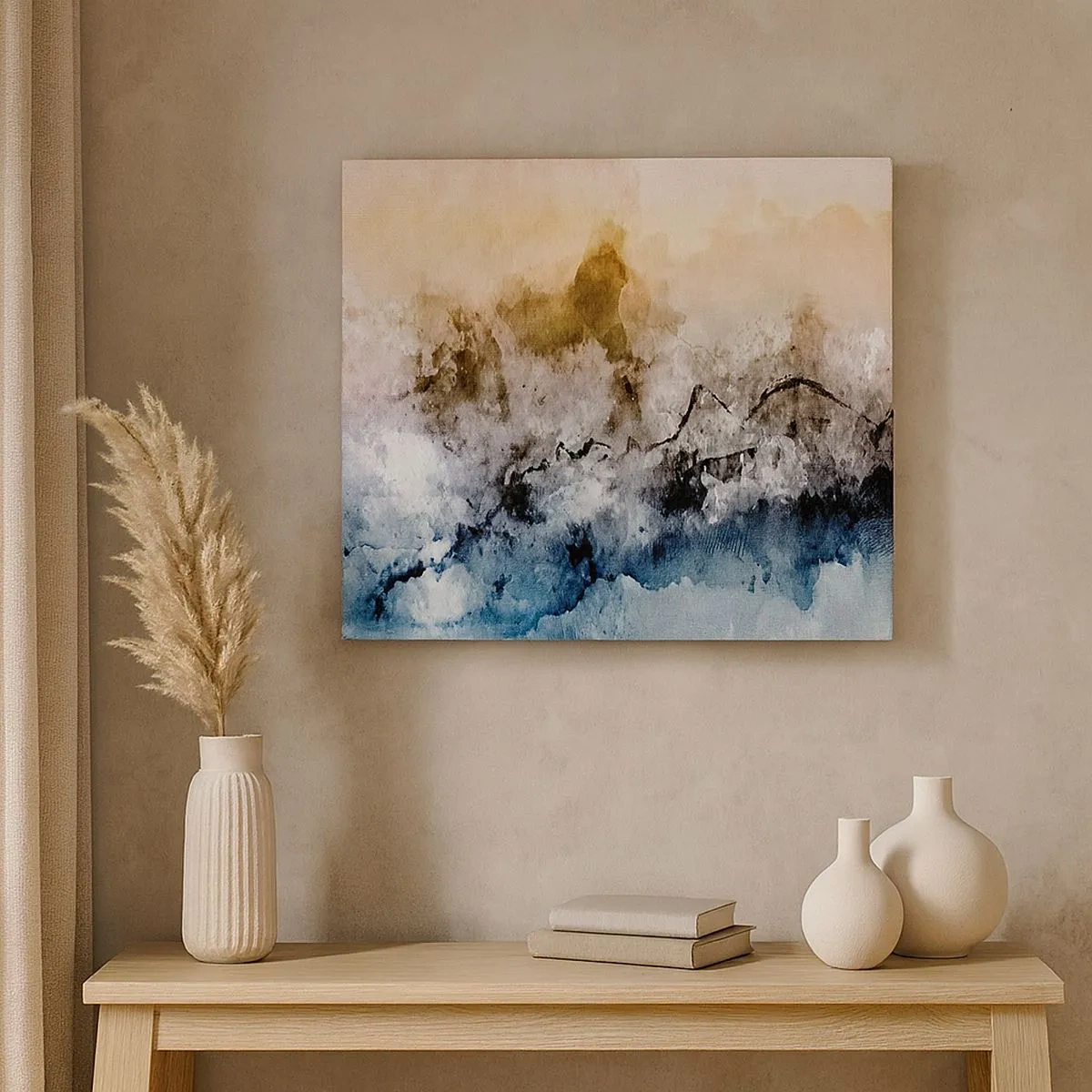 Impression sur toile - Image sur toile - Paysage abstrait avec brouillard et couleurs subtiles - 70x50cm - Noyé dans un nuage de brouillard - Décoration murale moderne pour le salon et la chambre ARTTOR