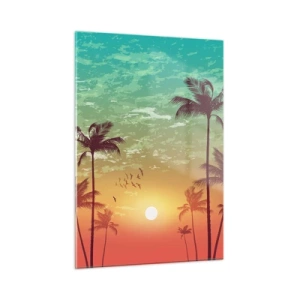 Impression sur verre - Image sur verre - Illustration de palmiers au coucher du soleil - 50x70cm - Ambiance tropicale - Décoration murale moderne pour le salon et la chambre ARTTOR