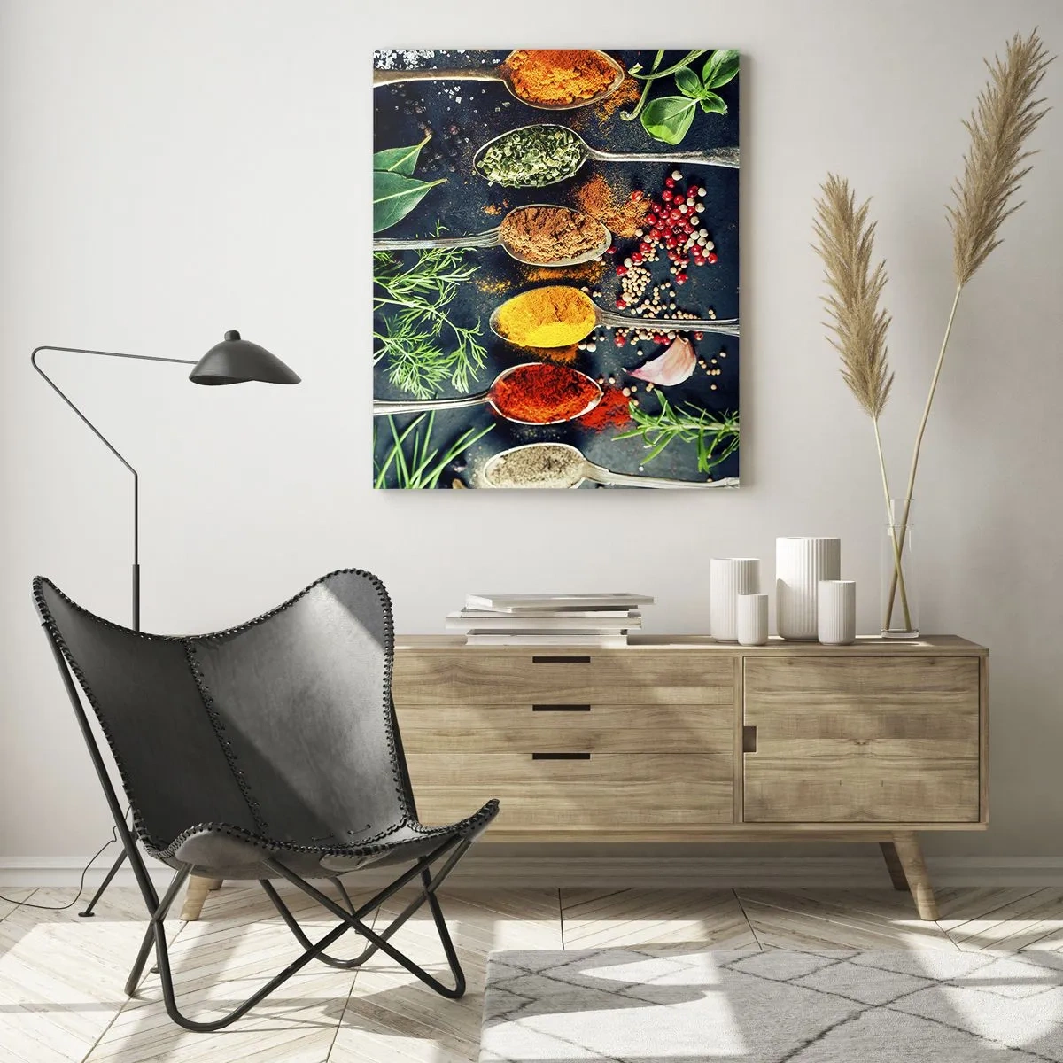 Impression sur verre - Image sur verre - Épices colorées sur des cuillères avec des herbes en arrière-plan - 70x100cm - Magie culinaire - Décoration murale moderne pour le salon et la chambre ARTTOR