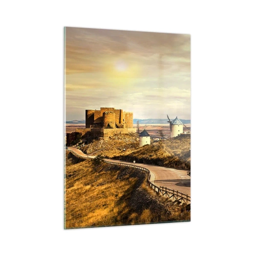 Impression sur verre - Image sur verre - Moulins à vent et château dans le paysage au coucher du soleil - 50x70cm - Don Quichotte est sur le point d'arriver - Décoration murale moderne pour le salon et la chambre ARTTOR