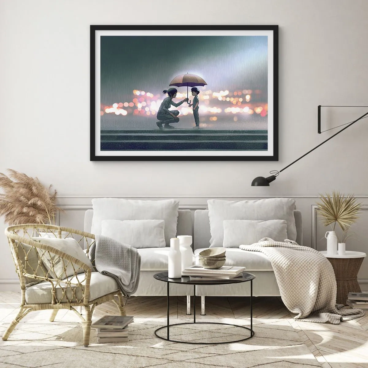 Affiche dans un cadre noir - Poster - Une silhouette avec un parapluie protégeant un enfant sur fond de lumières nocturnes. - 100x70cm - Et maintenant, tout va bien - Décoration murale moderne pour le salon et la chambre ARTTOR