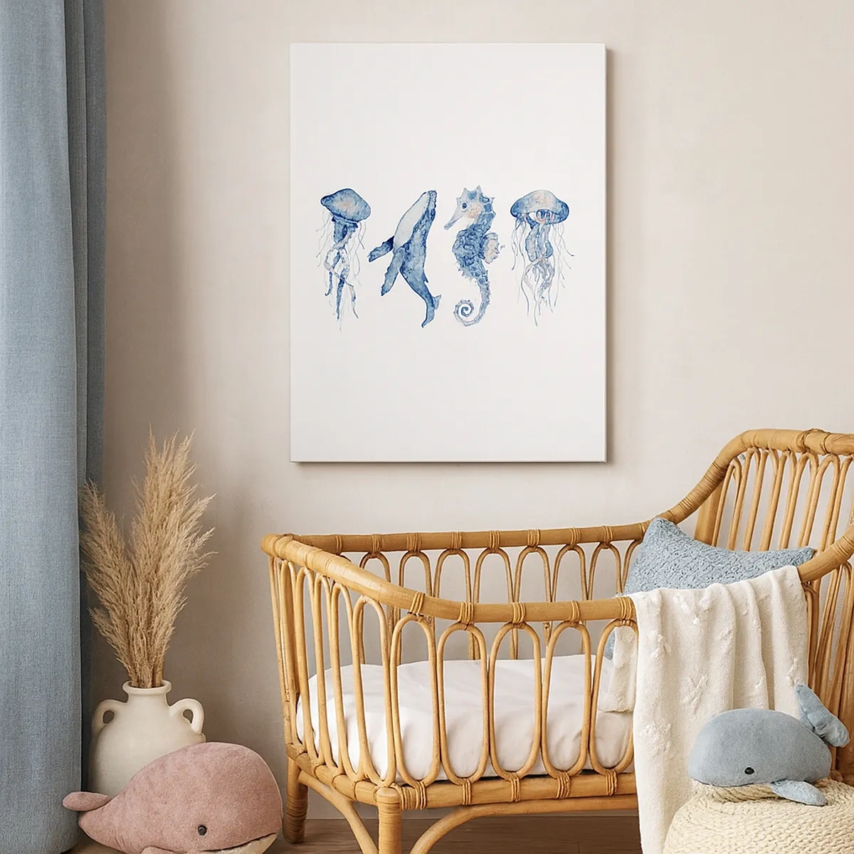 Impression sur toile - Image sur toile - Méduse, baleine et hippocampe dans un style aquarelle - 50x70cm - Merveilles de la mer - Décoration murale moderne pour le salon et la chambre ARTTOR