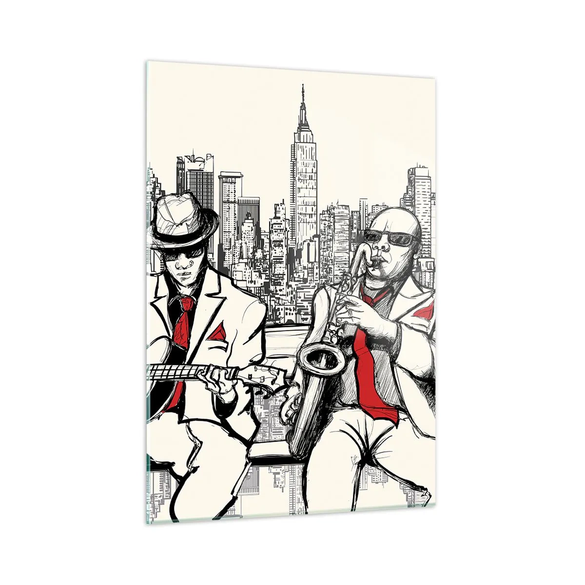 Impression sur verre - Image sur verre - Deux musiciens de jazz jouant avec en toile de fond la silhouette de la ville - 50x70cm - improvisation new-yorkaise - Décoration murale moderne pour le salon et la chambre ARTTOR