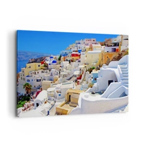 Impression sur toile - Image sur toile - Panorama de Santorin avec des maisons blanches et un ciel bleu - 100x70cm - Le rêve d'un été grec - Décoration murale moderne pour le salon et la chambre ARTTOR