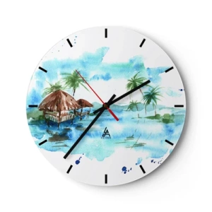 Horloge murale - Pendule murale - Paysage à l'aquarelle avec des cabanes sur l'eau - 30x30cm - Quelque part dans le Pacifique - Décoration murale moderne pour le salon, la cuisine et la chambre ARTTOR